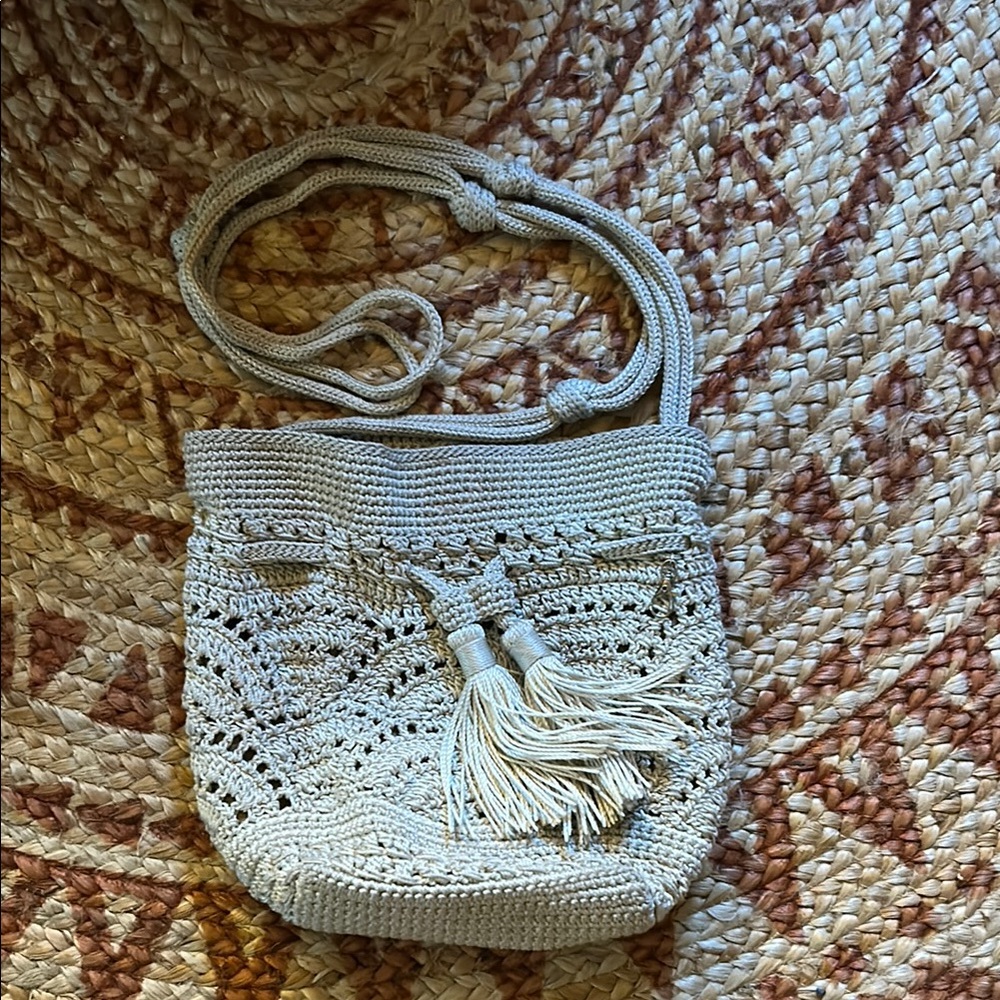 Cream Crochet Crossbody Bag with Tassel and Rope Strap